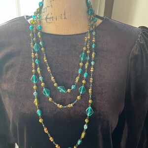 Elegant green and Gold Beaded Necklace vintage glass long